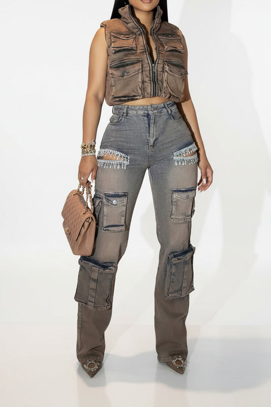 Rhinestone Embellished Denim Cargo Pants
