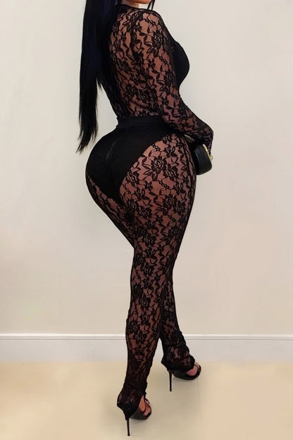Sheer Lace Long-Sleeve Cutout Jumpsuit