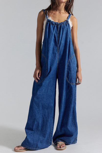Slouchy Tie-Back Wide Leg Denim Jumpsuit