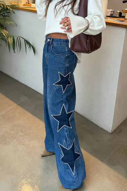 High-Waisted Star Patch Wide Leg Jeans