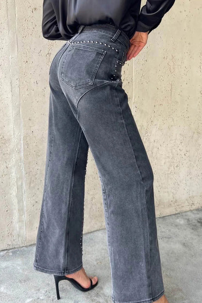 Studded Curved Seam High Waist Wide Leg Jeans