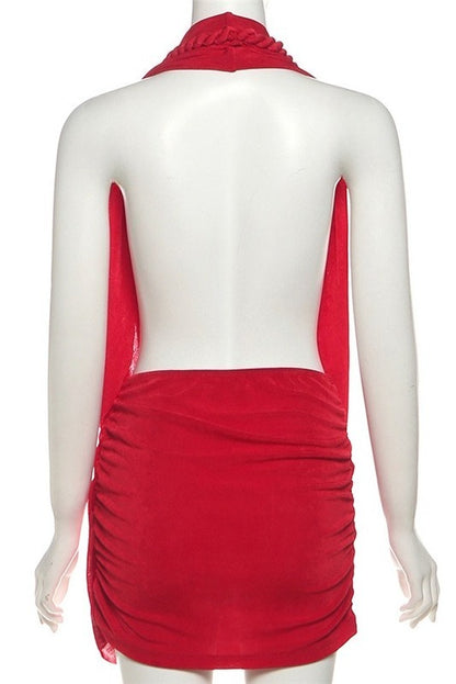 Deep V Halter Backless Bodycon Mini Dress