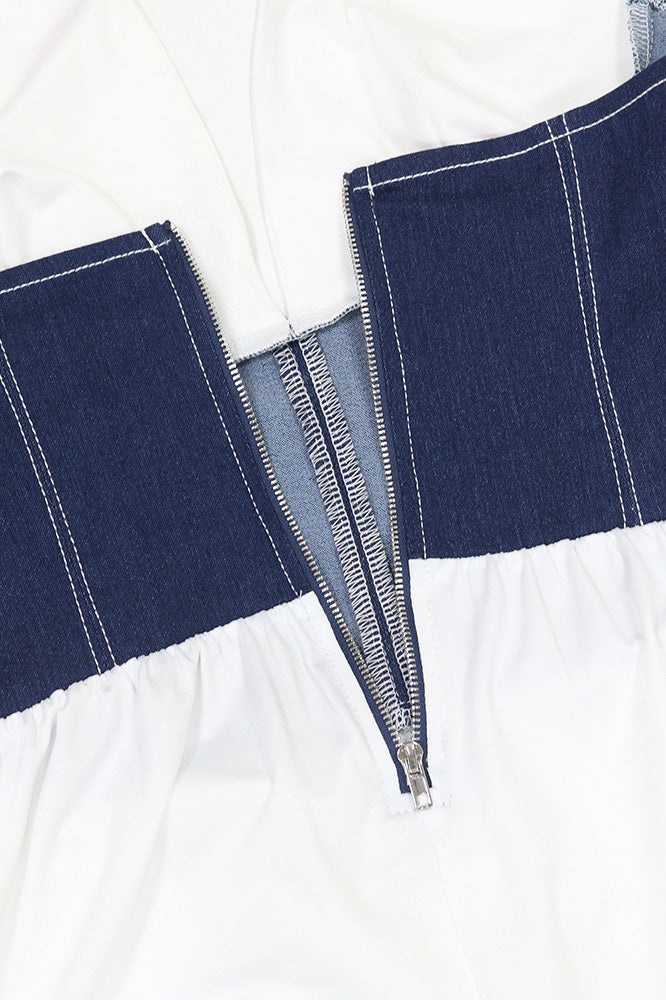 Slim Fit Denim Patchwork Deep V Slit Dress