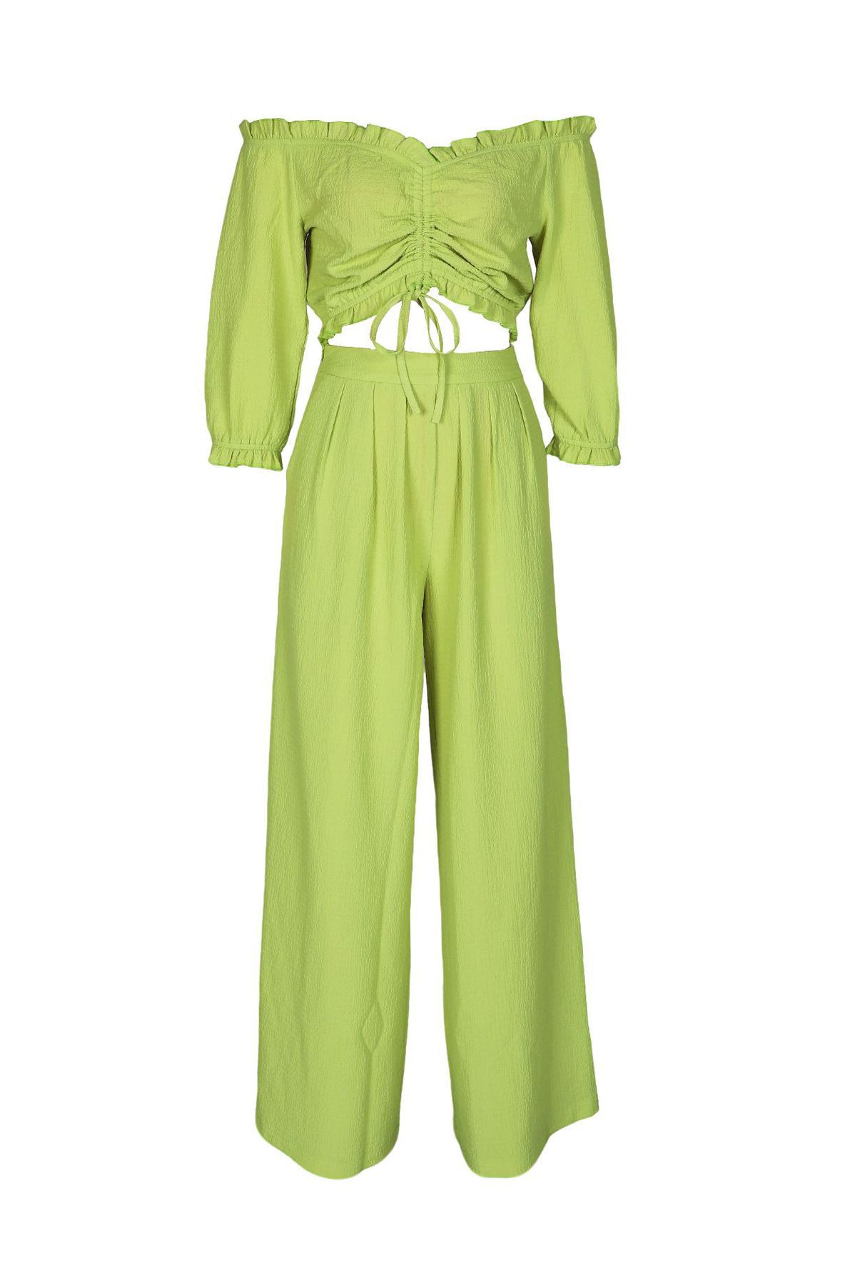 Textured Off-Shoulder Ruched Top & Wide Leg Pants Set