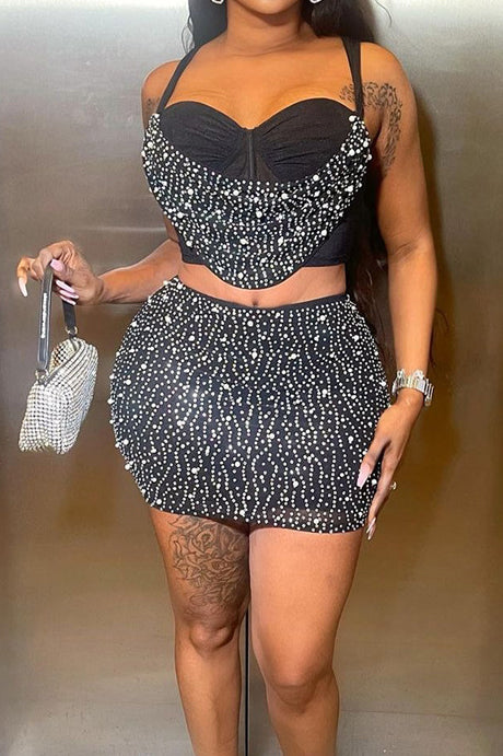 Rhinstone Mini Skirt Set