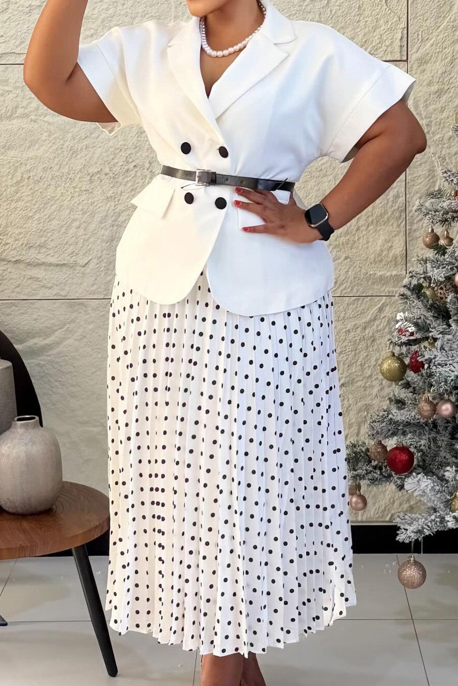Belted Blazer & Pleated Polka Dot Skirt Set