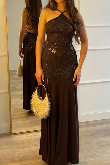 Sequin Floral Halter Mermaid Maxi Dress
