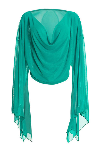 Cowl-Neck Mesh Top & Capri Pants Set