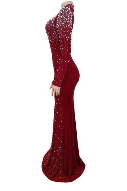 Rhinestone Mock Neck Mermaid Maxi Dress
