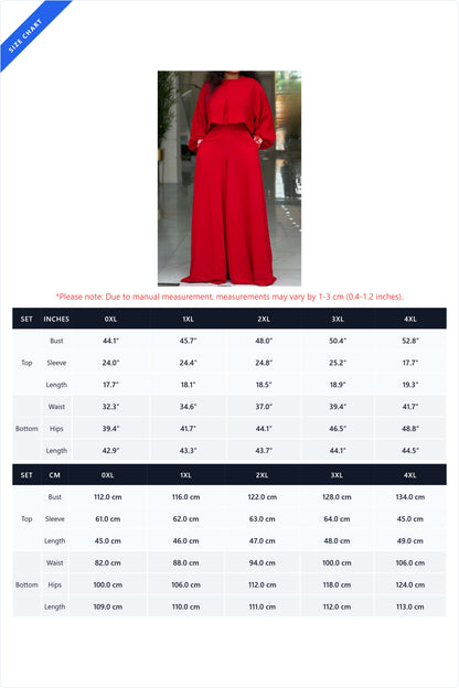 Plus Size Lantern Sleeve Wide Leg Pant Set