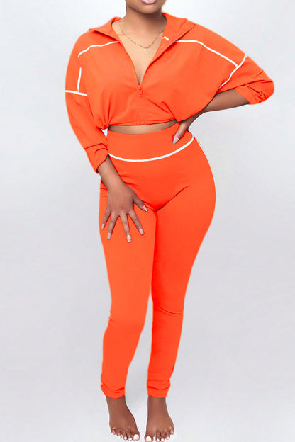 Solid Color Long Sleeve Zip-Up Top & Pants Set