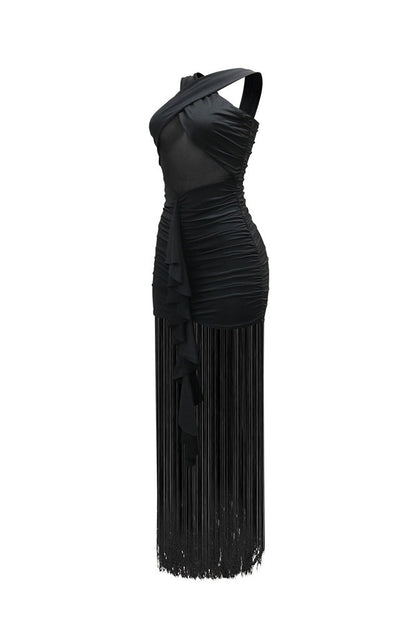 Cross-Front Mesh Illusion Ruched Fringe Maxi Dress