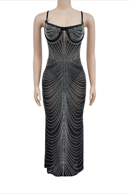 Sheer Rhinestone Bustier Maxi Dress