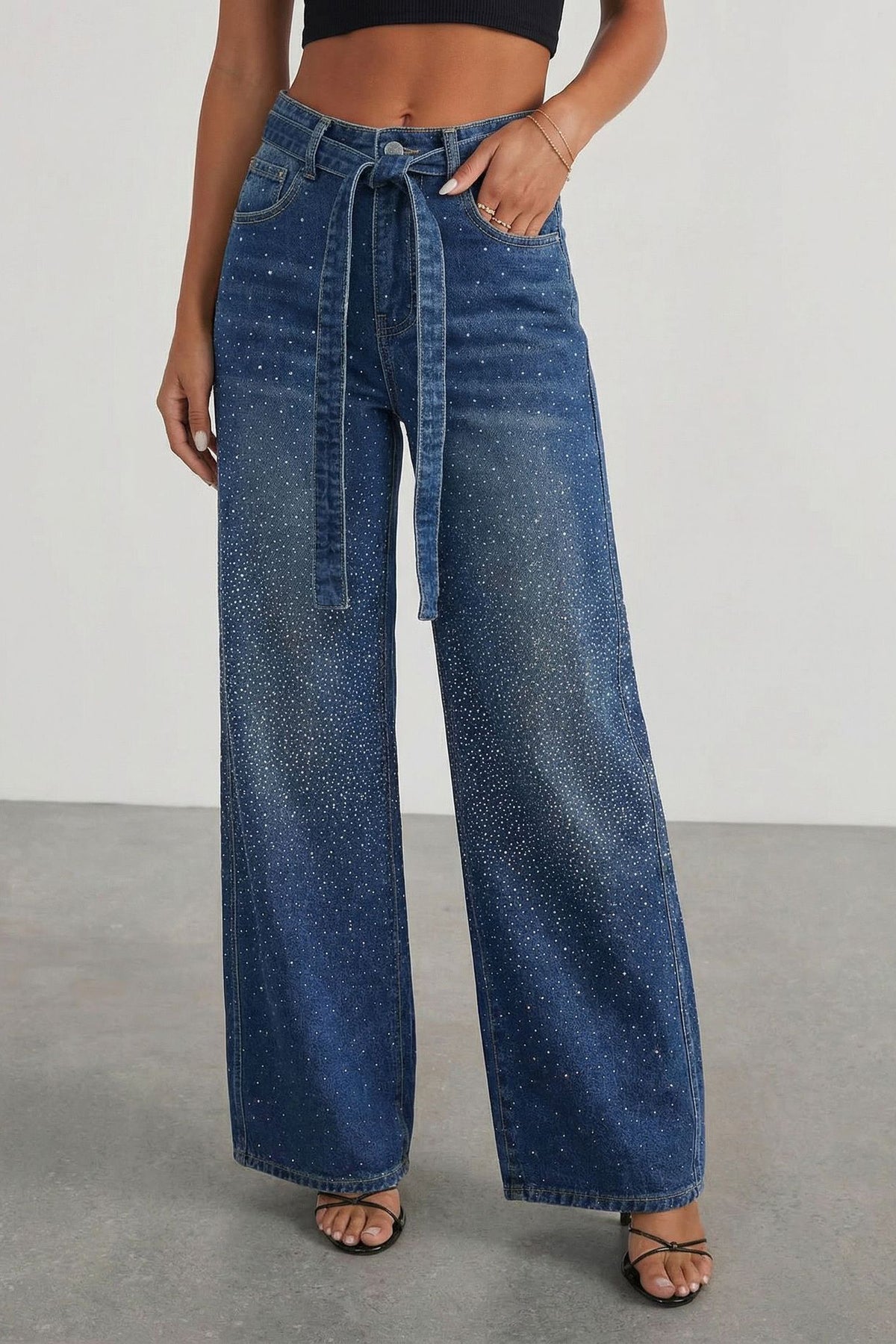 Rhinestone Sparkle Wide Leg Jeans High Waisted
