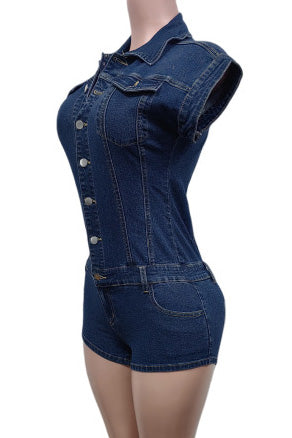 Fitted Denim Button Short Jumpsuit Romper