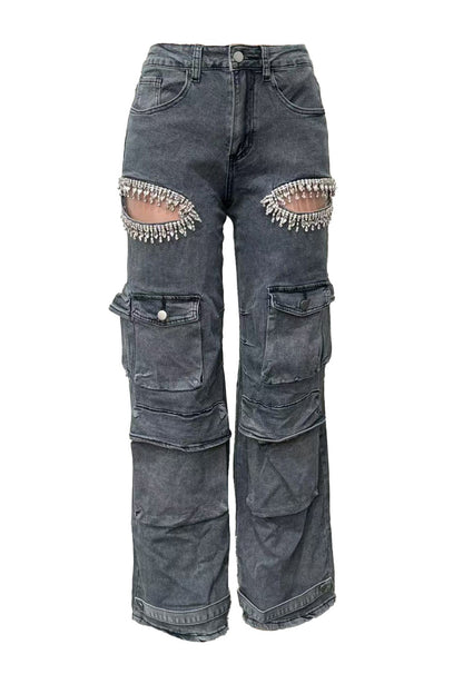 Rhinestone Cutout Wide Leg Cargo Pants