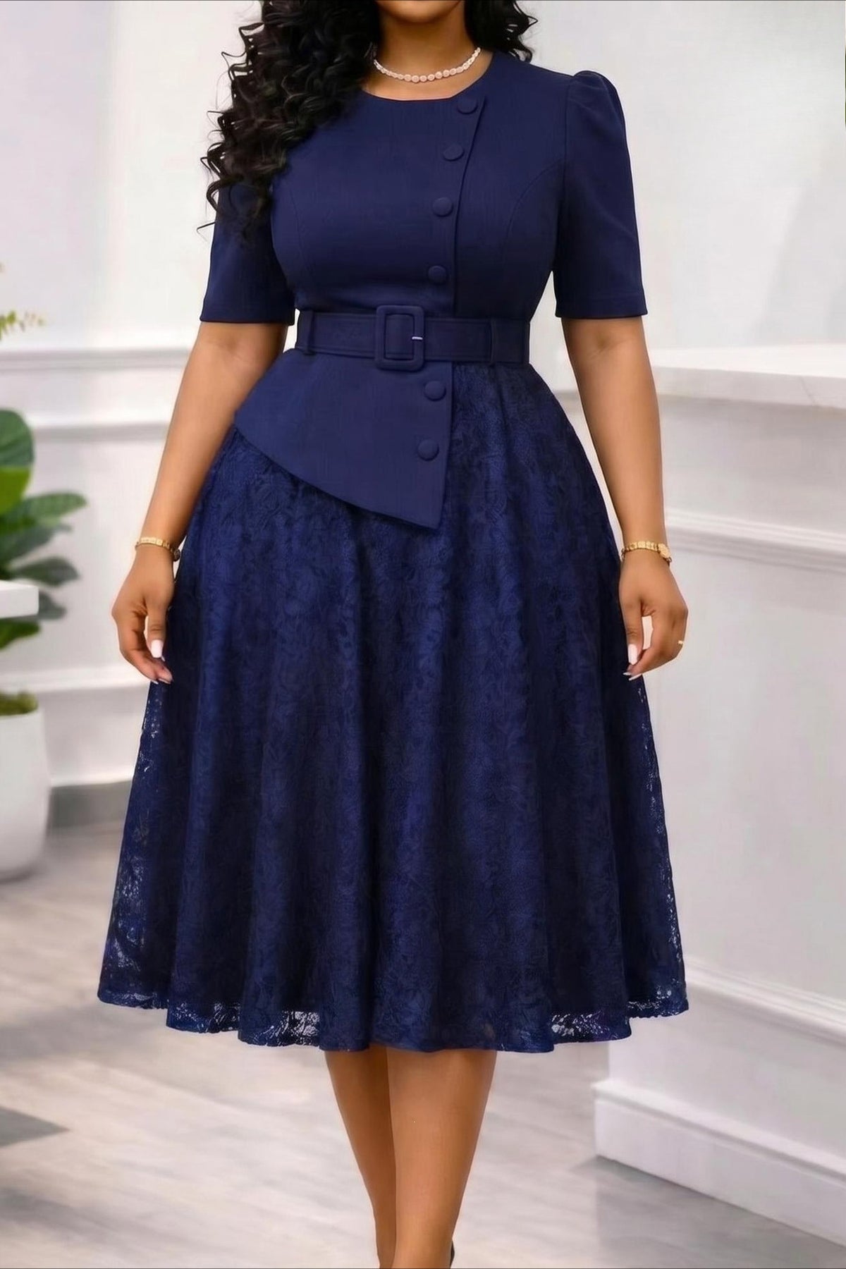 Asymmetrical Button Belted Lace Midi Dress
