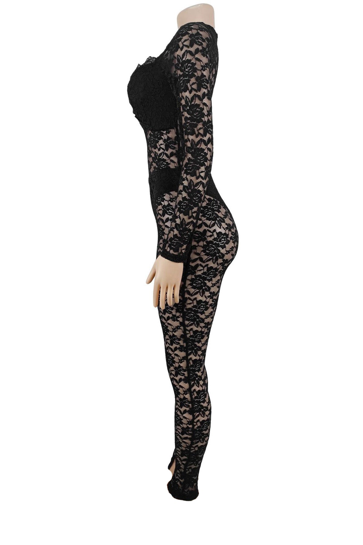 Sheer Lace Long-Sleeve Cutout Jumpsuit