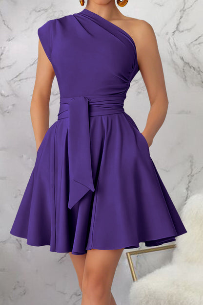 One-Shoulder Tie-Waist Pleated Mini Dress