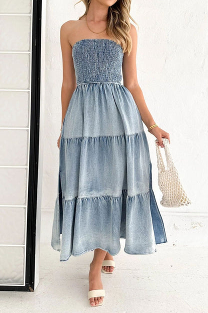 Strapless Side Slit Layered Denim Dress