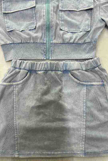 Washed Pocket Top and Skirt 2-piece Set