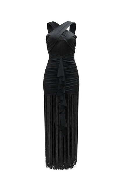 Cross-Front Mesh Illusion Ruched Fringe Maxi Dress
