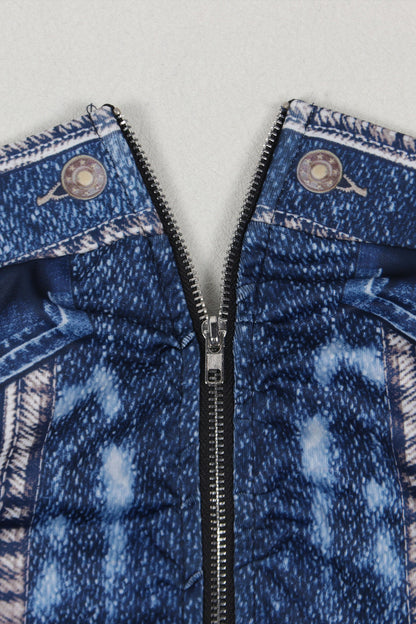 Denim Print Strapless Wide Leg Jumpsuit