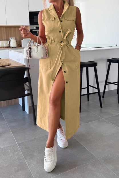 Sleeveless Belted Utility Maxi Shirt Dress
