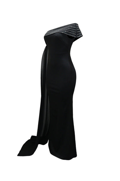 Rhinestone Cape One Shoulder Maxi Dress