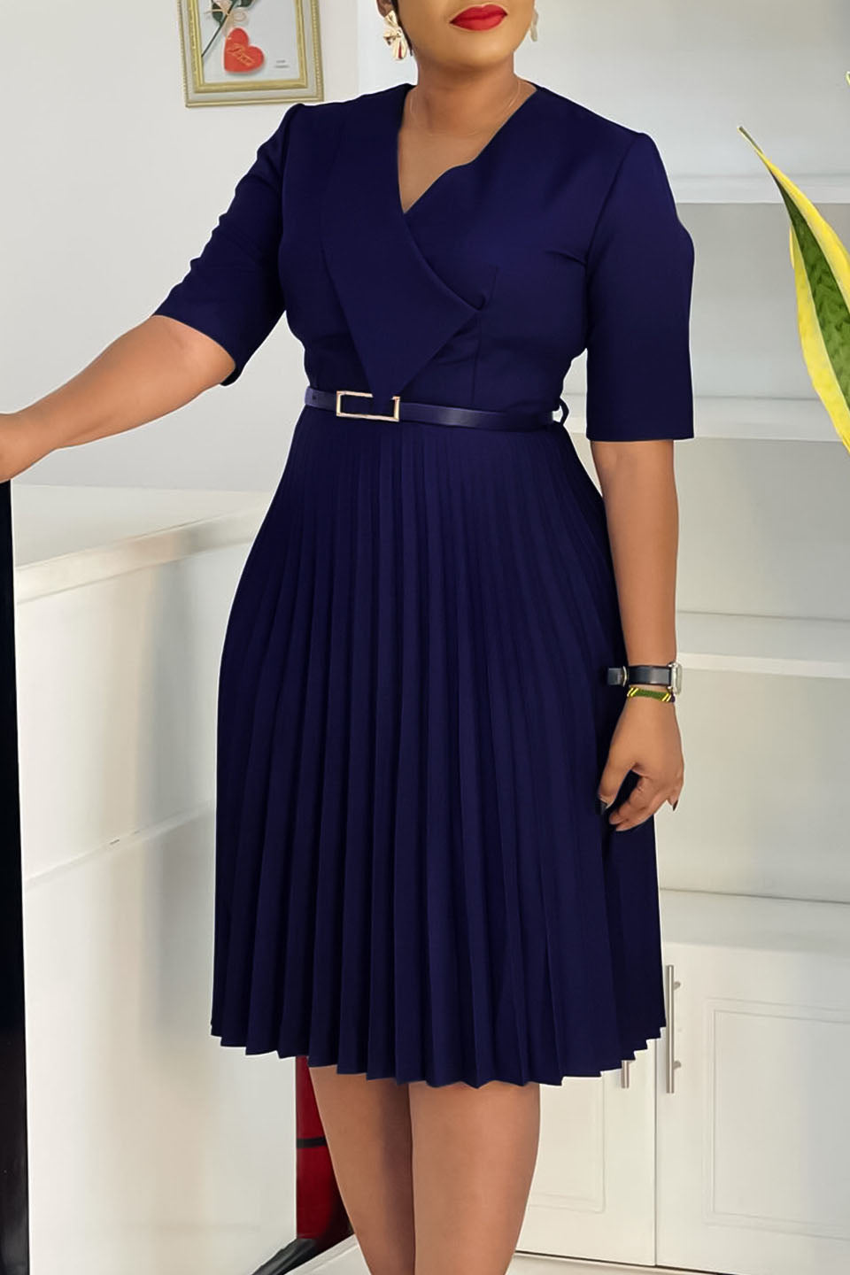Solid Belted Pleated Dress