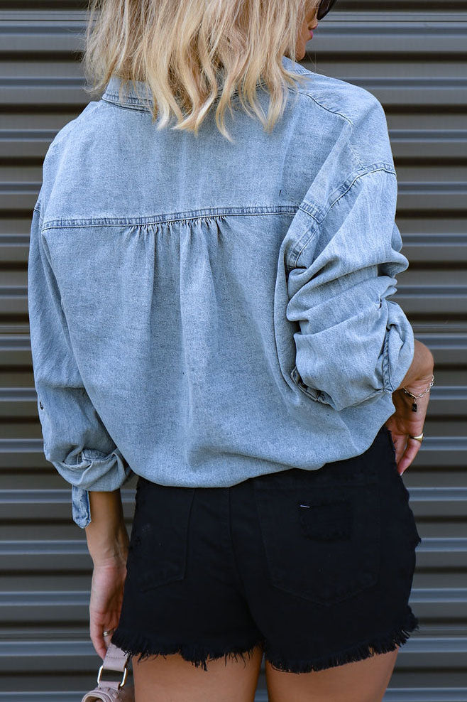 Long Sleeve Button Down Blouses Denim Shirt
