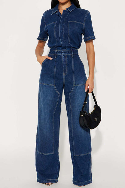 Denim Button-Front Carpenter Jumpsuit