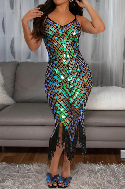 Disco V-Neck Fringe Hem Slip Dress
