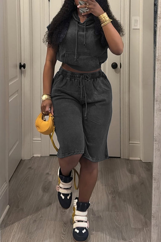Acid Wash Cropped Hoodie & Shorts Set