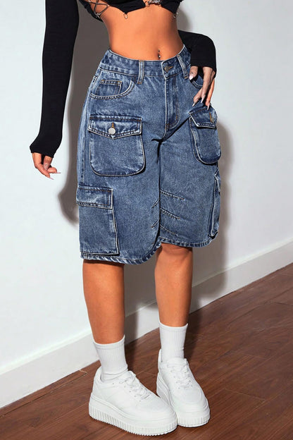 Knee-Length Casual Multi-Pocket Jeans