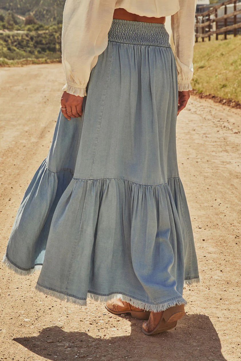 Asymmetrical Ruffle Denim Maxi Skirt