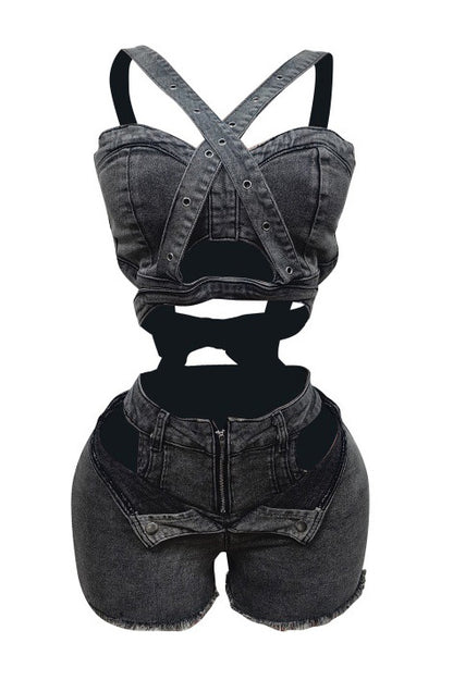 Denim Top & Cut Out Shorts Set