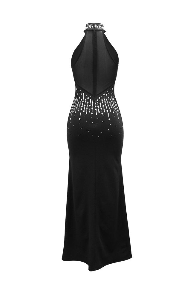 Rhinestone Sheer Halter Slit Maxi Gown