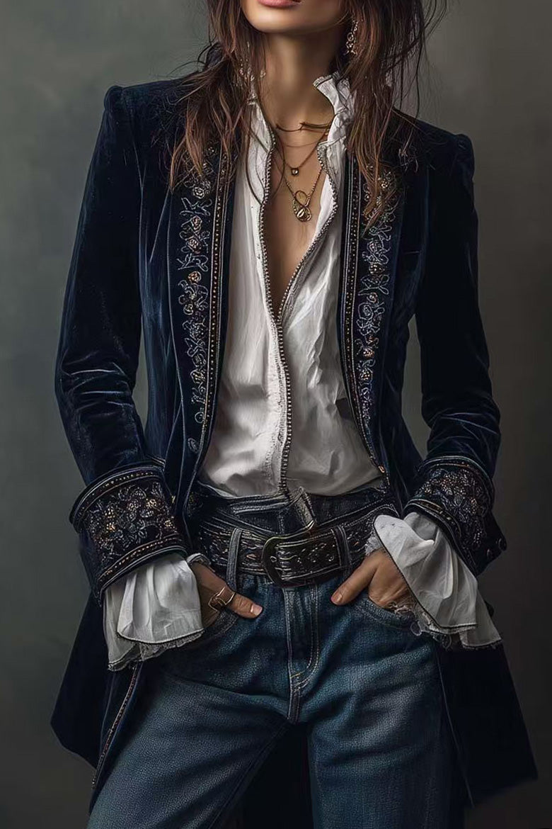 Velvet Embroidered Long Jacket