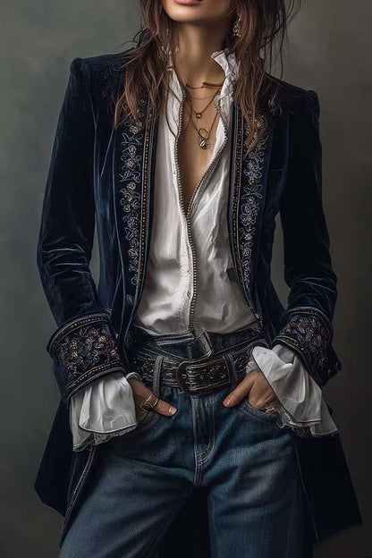 Velvet Embroidered Long Jacket