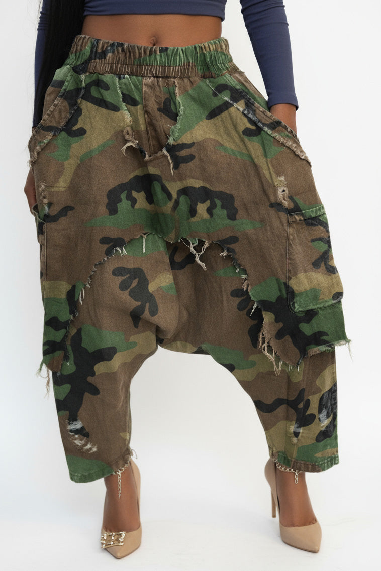 Camo Print Elastic Waist Harem Pants