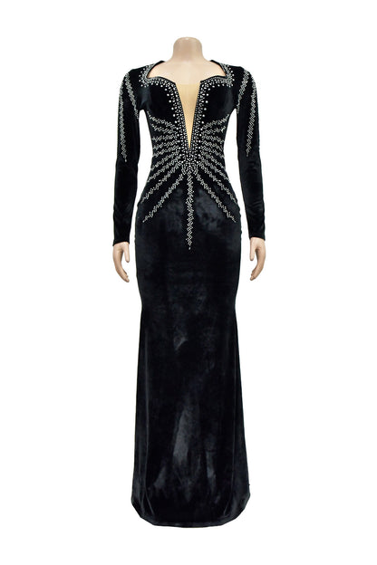 Rhinestone Plunge Illusion Velvet Maxi Dress
