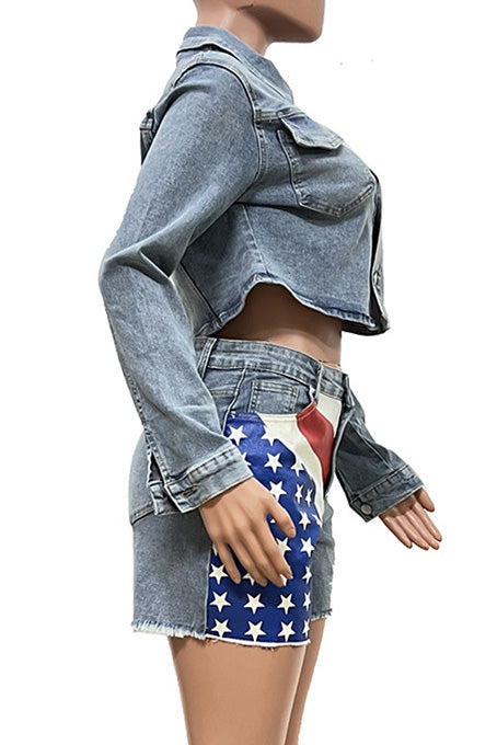 Casual Denim Set with Flag Print for Women