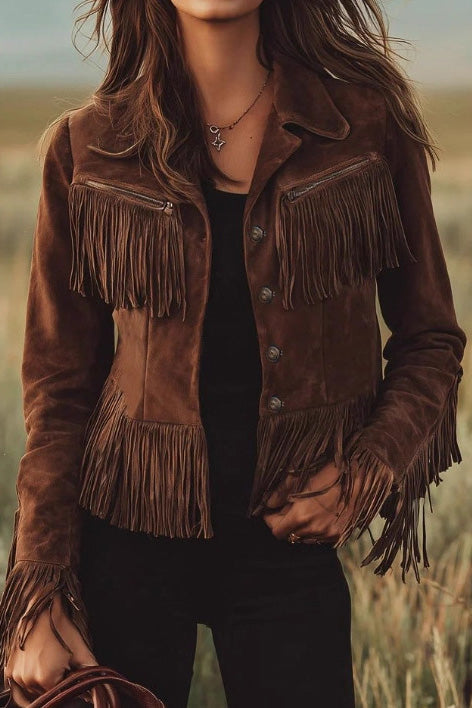 Lapel Long Sleeve Tassel Casual Jacket