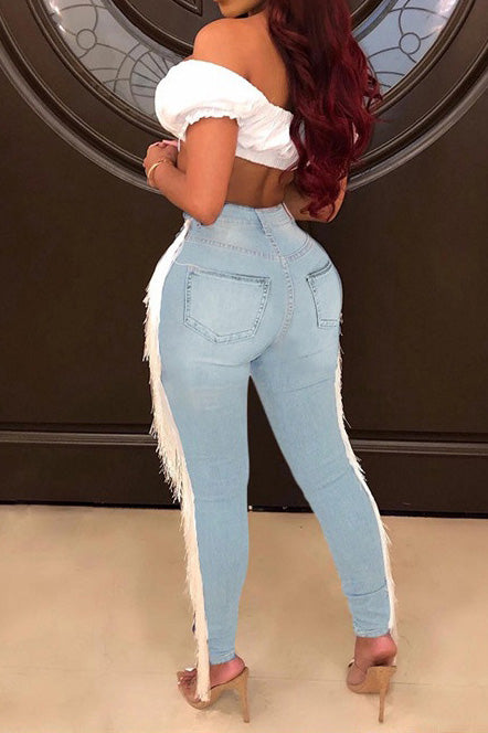 High-Rise Fringe Trim Distressed Skinny Jeans