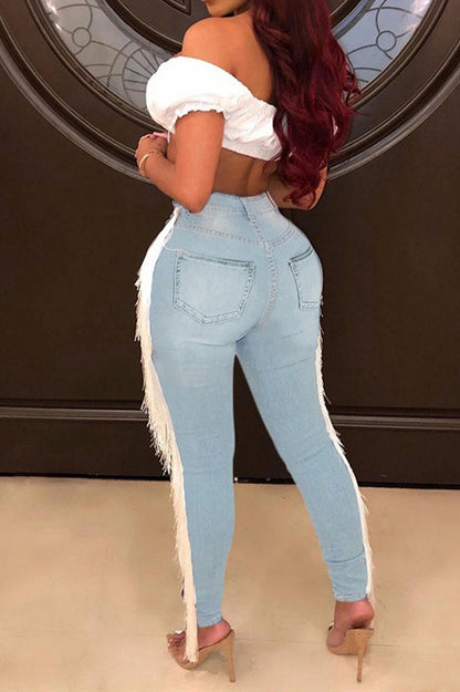 High-Rise Fringe Trim Distressed Skinny Jeans