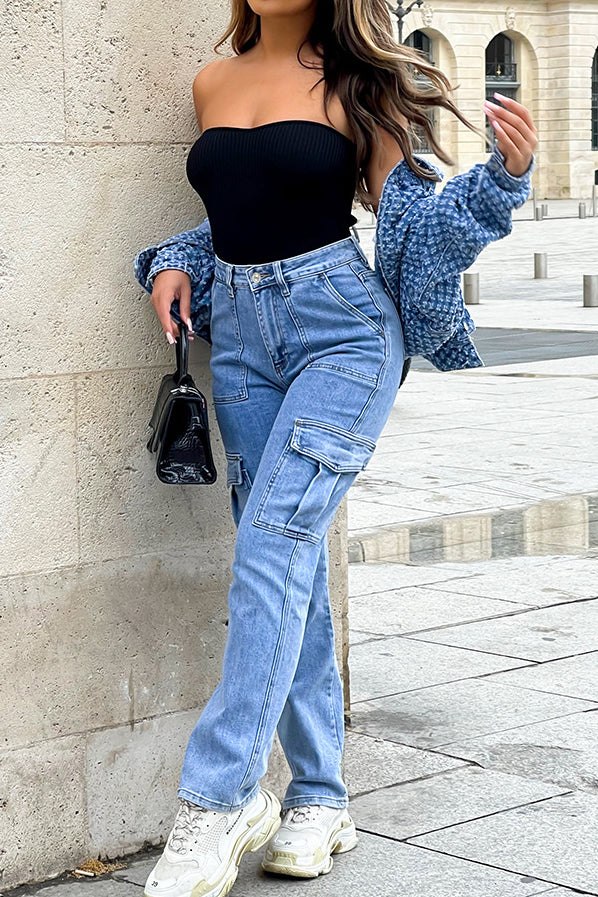 High Waist Flap Pocket Side Cargo Jeans