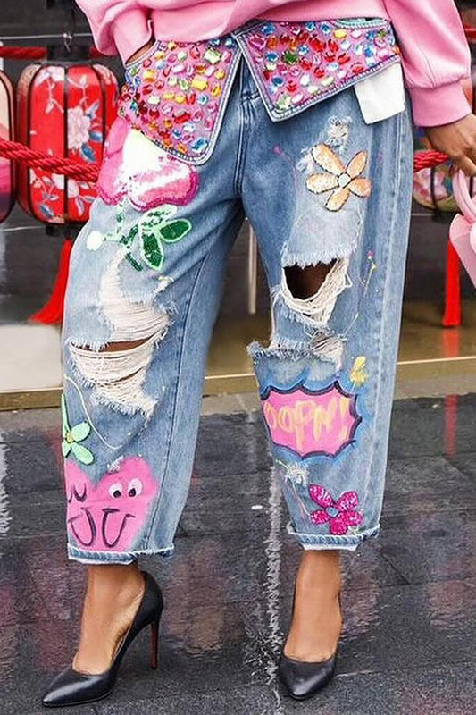 Embroidered Rhinestone Ripped Jeans