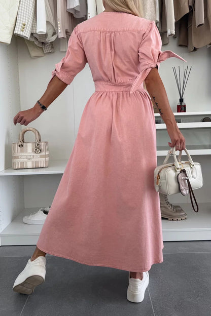 Single-Breasted V-Neck Denim Dress