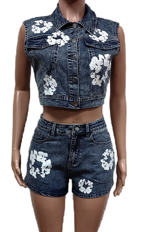 Floral Print Denim Shorts Set